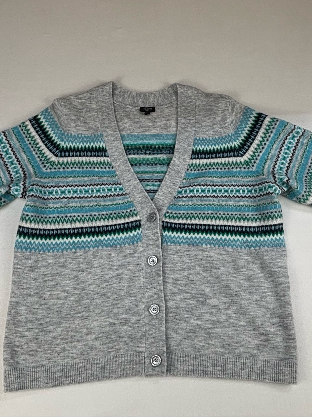 Talbots Plus 1X Gray V-Neck Fair Isle Cardigan with Teal and Navy Accents